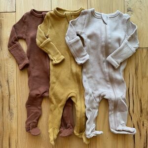 SET OF 3 SpearmintLOVE Organic Waffle Basic Zip Footies in Caramel/Honey/Natural